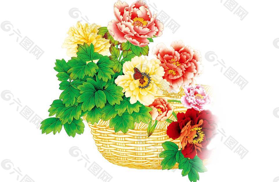 手绘竹篮花朵元素