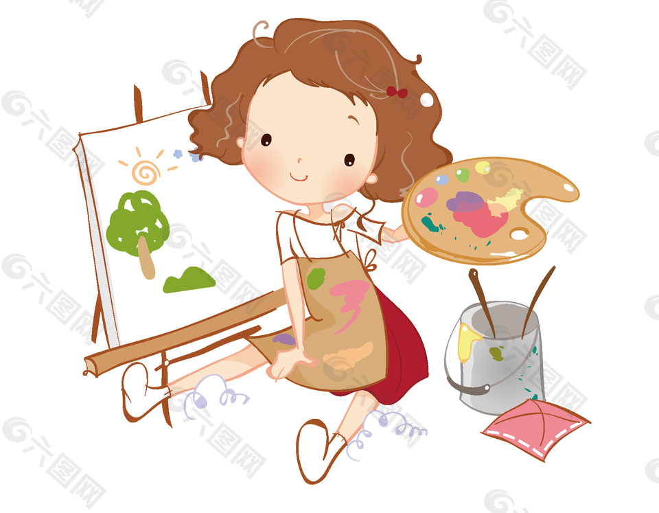 卡通女孩畫畫矢量元素