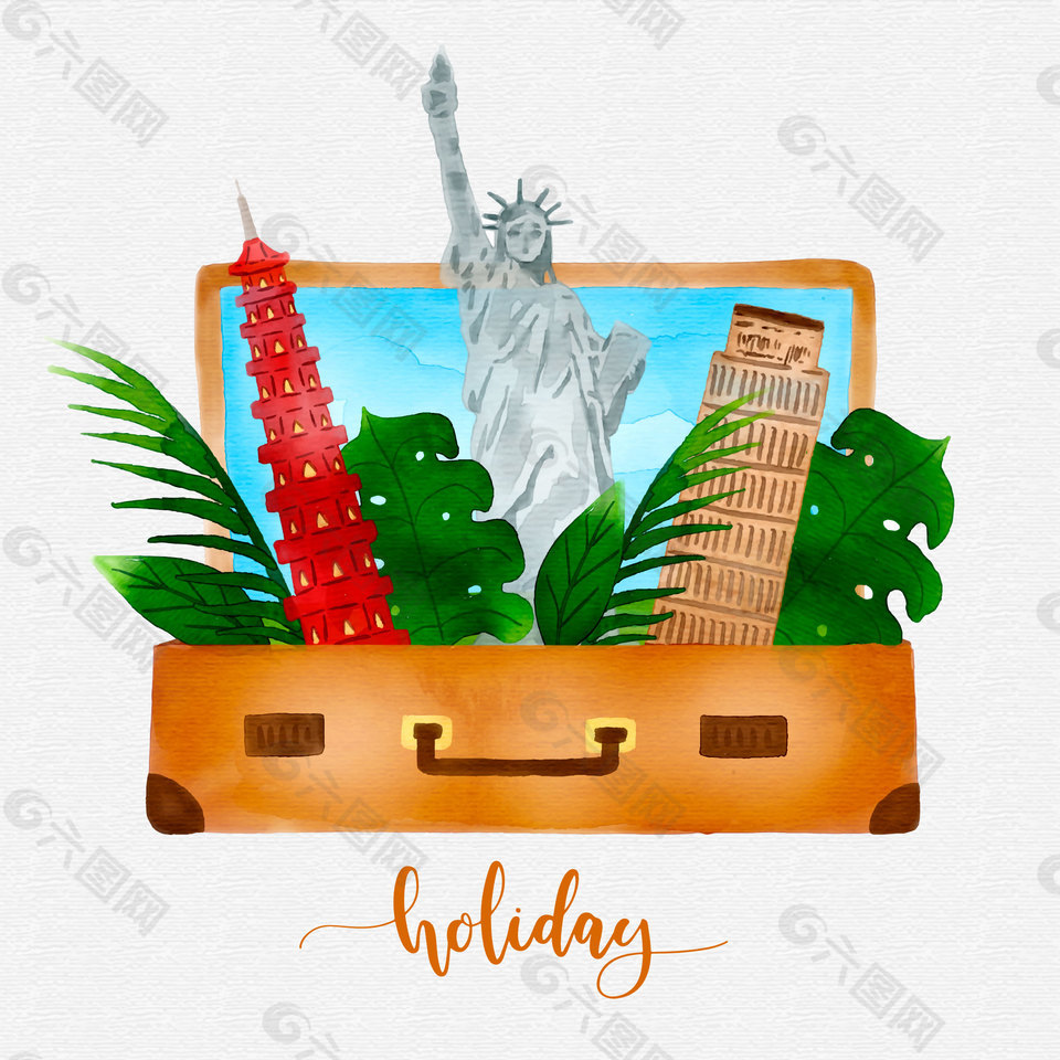 行李箱太陽女神鐵塔清新元素