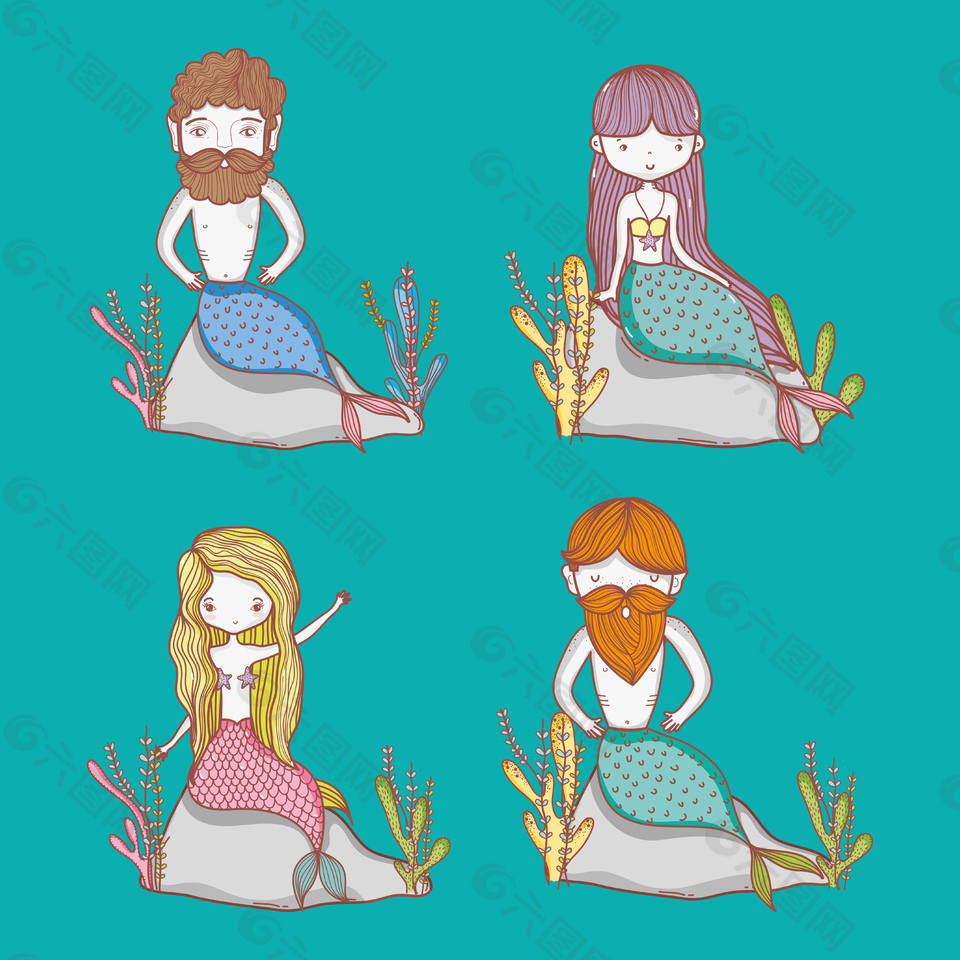 手繪清新人魚公主王子裝飾元素