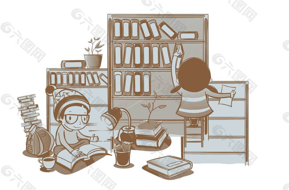 卡通扁平学生整理书柜png元素
