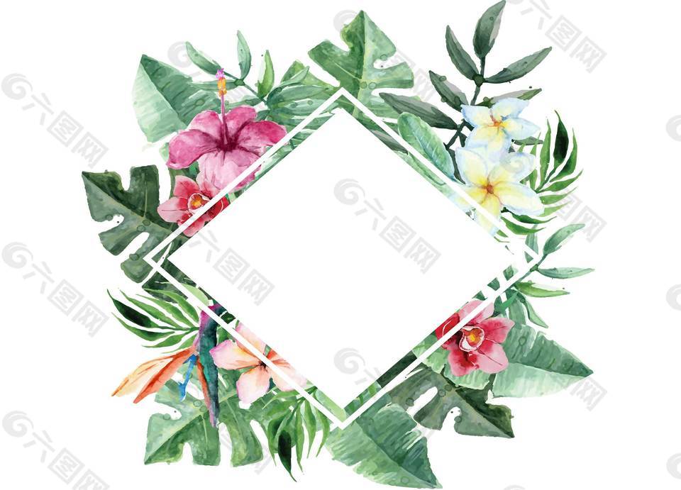 清新绿色叶子花朵边框png元素