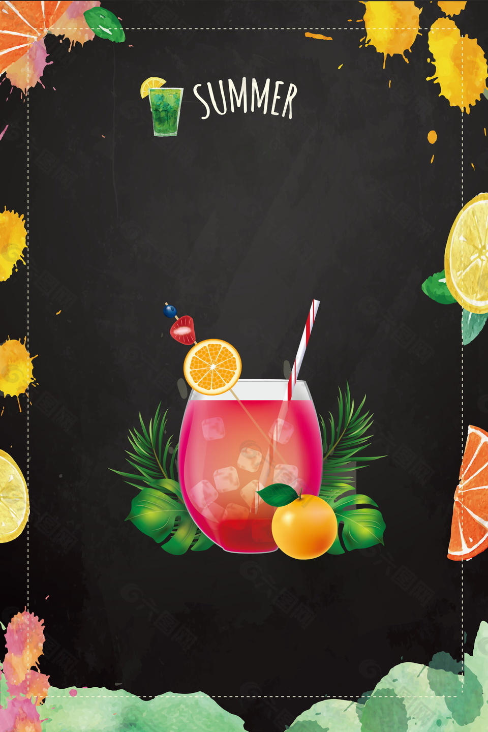 夏季冰爽鮮榨果汁飲品海報背景