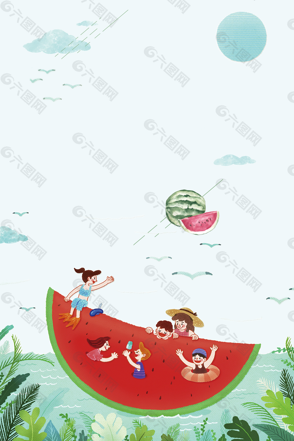 綠色簡(jiǎn)約西瓜童趣海報(bào)背景素材