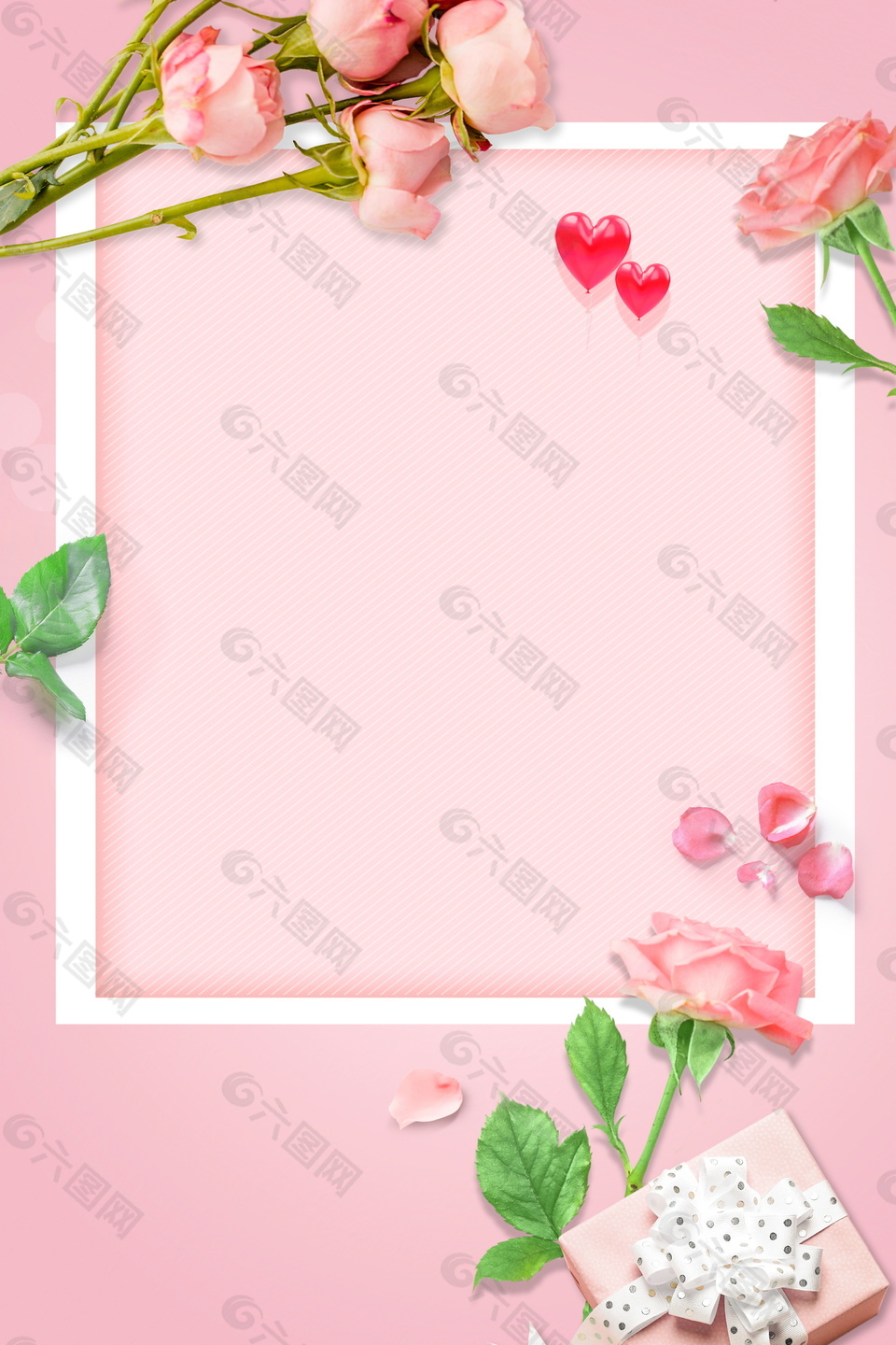 粉色爱心玫瑰花束边框母亲节海报背景