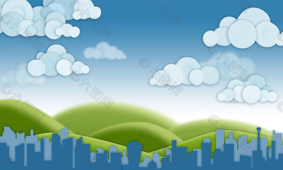 卡通藍天白云草場背景