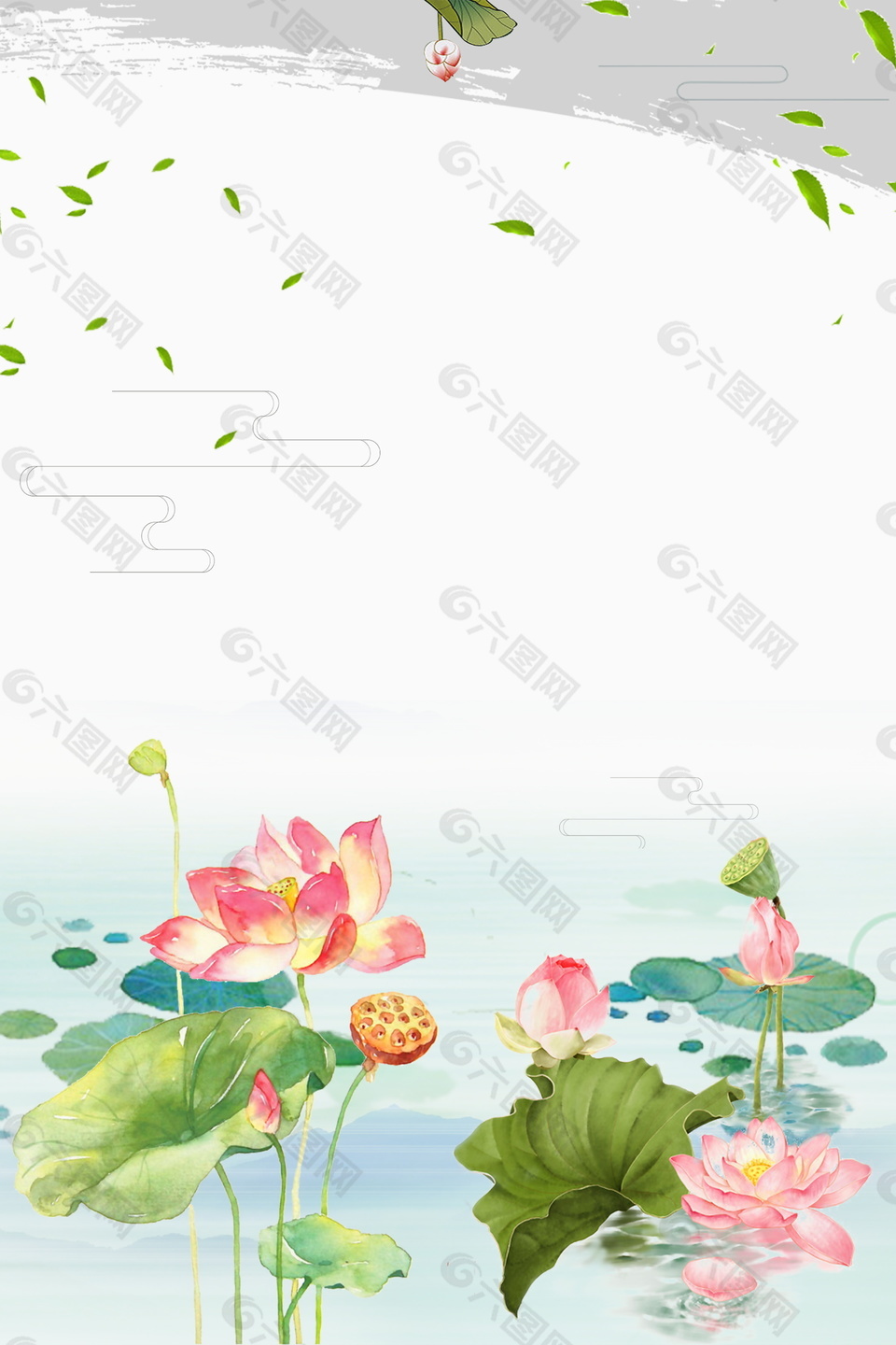 清新彩繪荷花海報背景素材