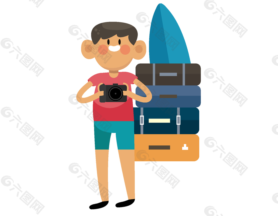卡通扁平男士帶相機旅行矢量元素