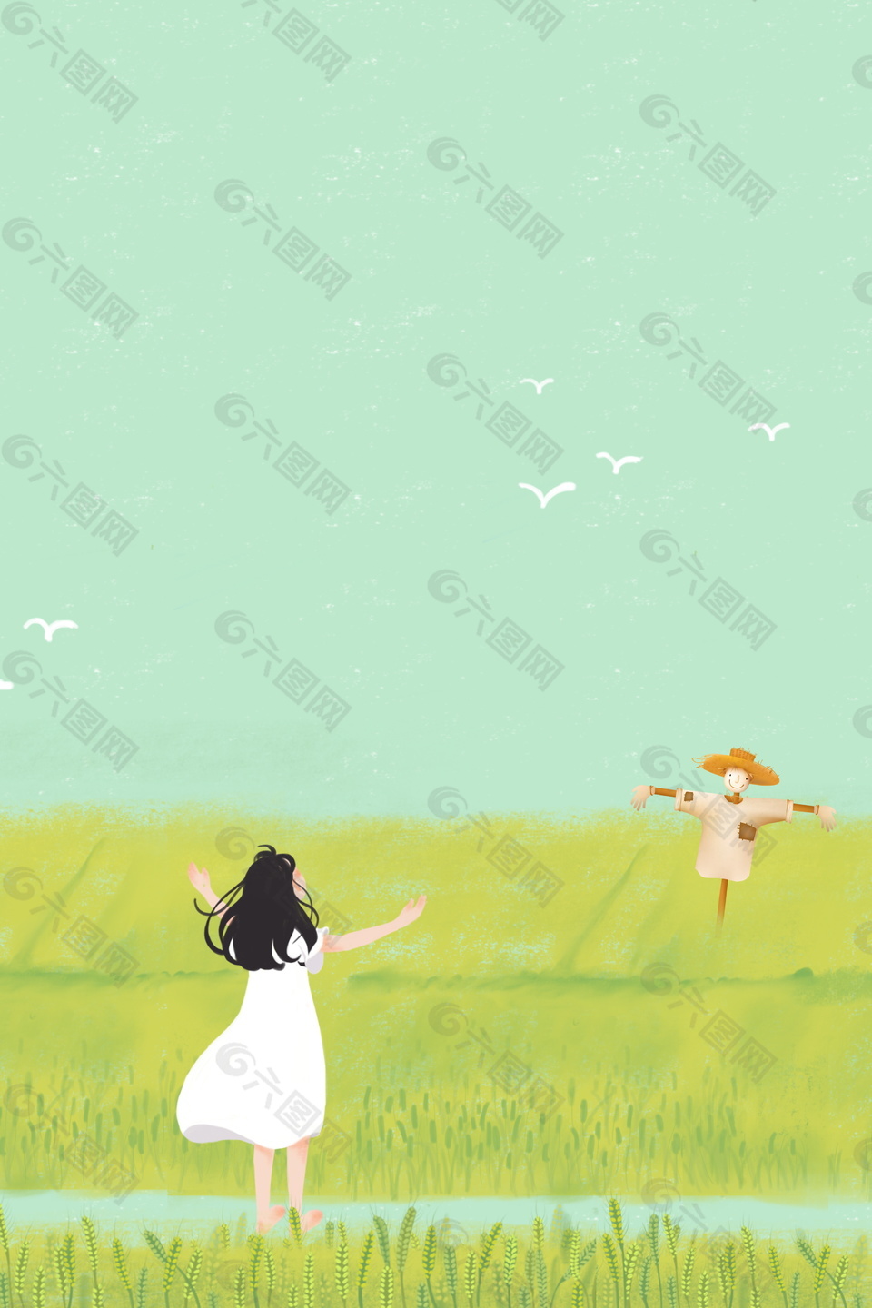 清新夏季小滿麥田稻草人海報背景設計