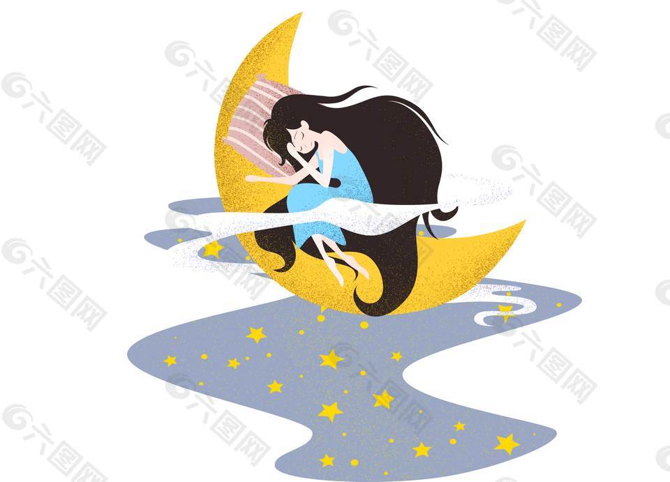 卡通手繪美女睡在月亮上png元素