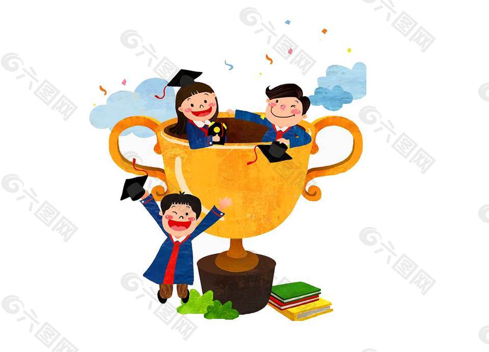卡通畢業(yè)季學(xué)生獎杯png元素