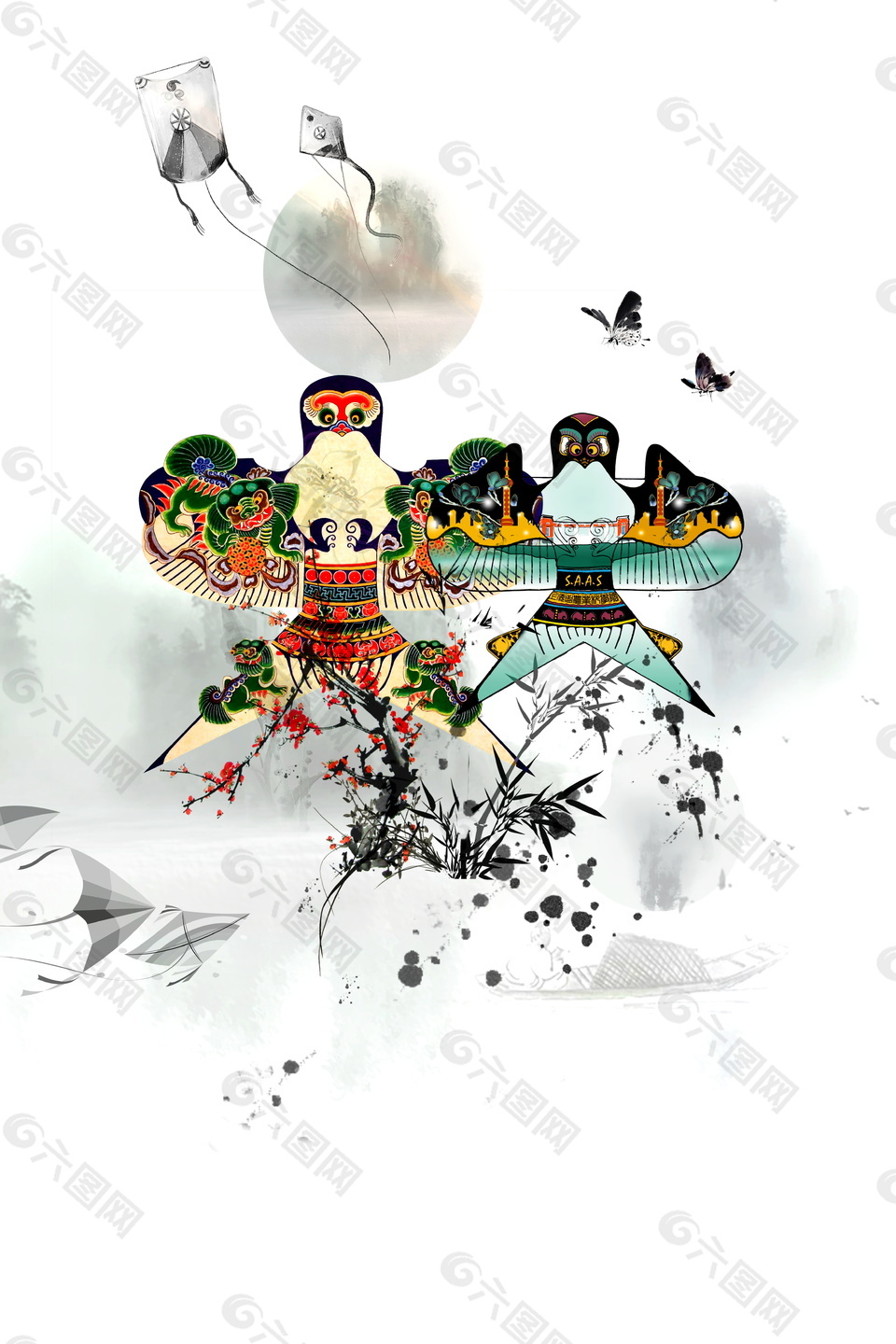 中國(guó)風(fēng)傳統(tǒng)漂亮風(fēng)箏主題元素