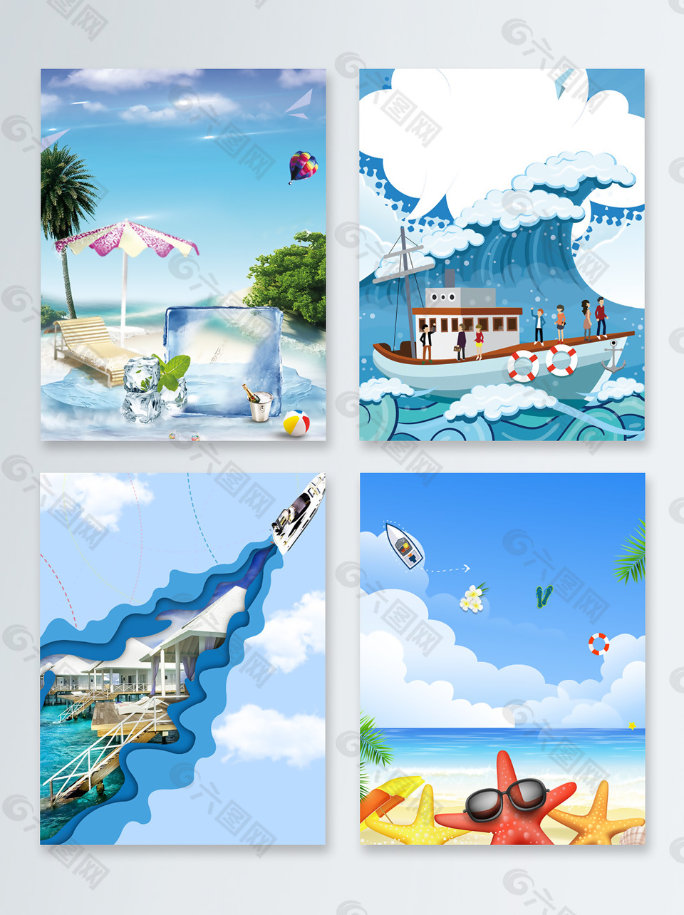 藍(lán)色輪船暑期旅游廣告背景圖