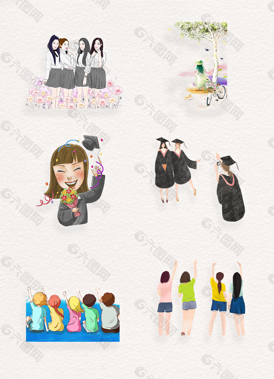 卡通水彩風(fēng)格清新插圖畢業(yè)季人物png元素
