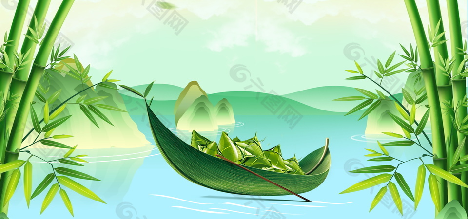 手绘卡通绿色粽子端午背景设计