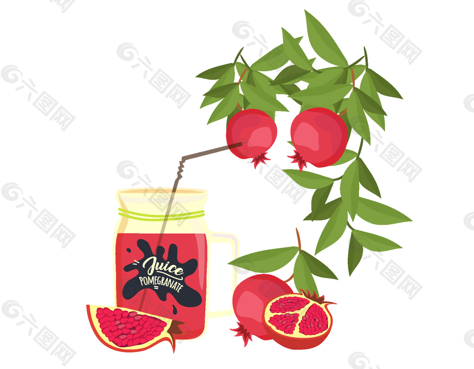 新鮮成熟的石榴果汁元素