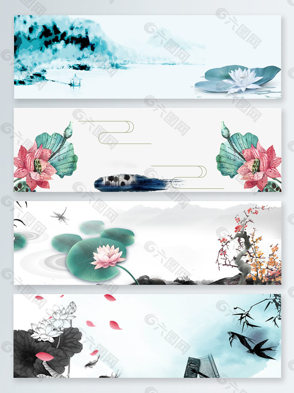 彩墨手繪唯美荷花banner背景