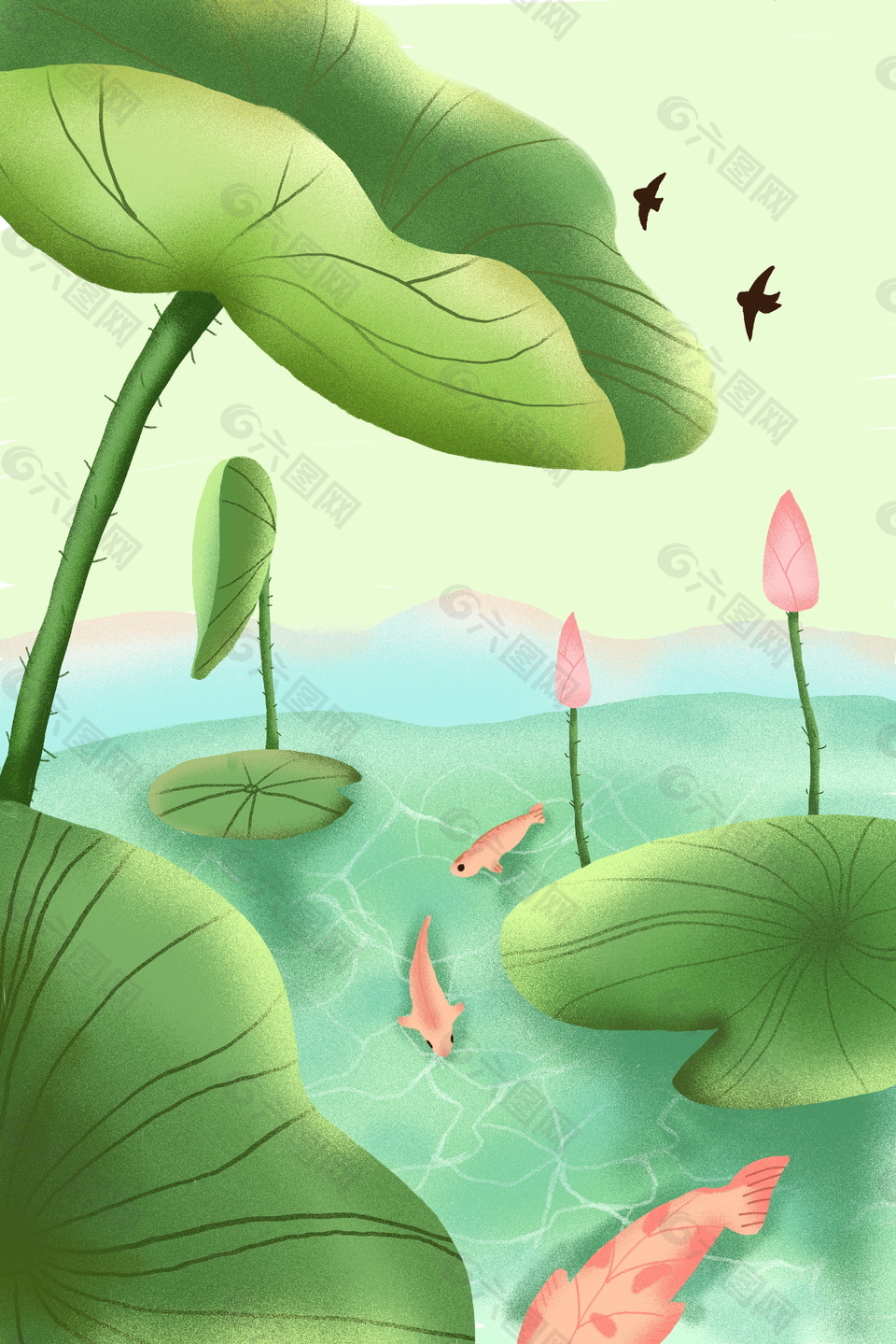 彩繪夏季荷塘魚兒海報(bào)背景設(shè)計(jì)