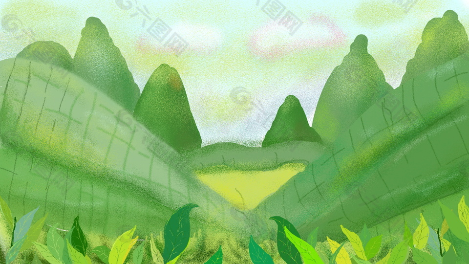 夏季綠色彩繪遠(yuǎn)山海報(bào)背景圖