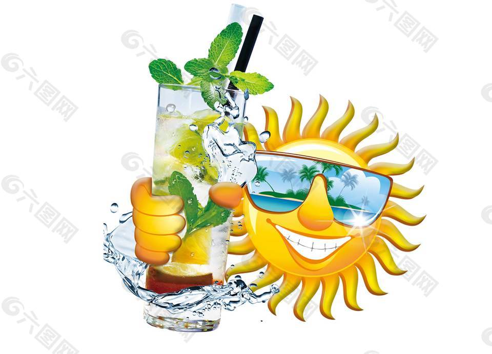 炎炎夏日太陽手握冷飲PNG元素