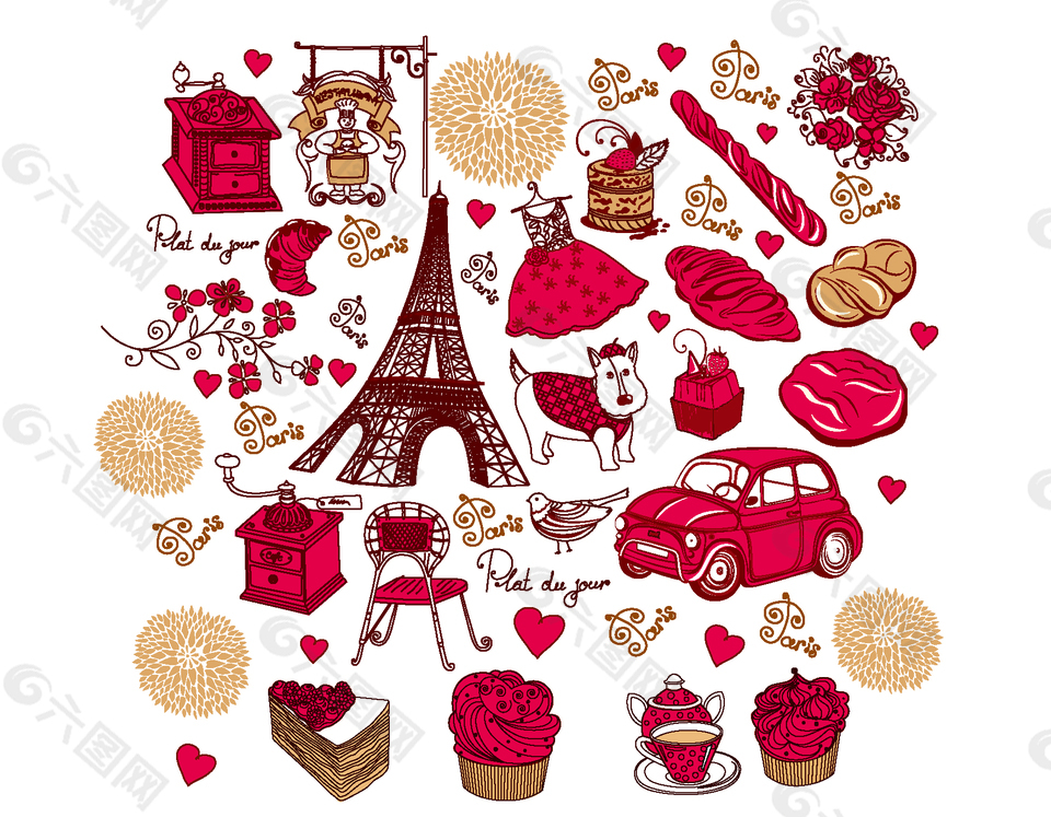 卡通線條汽車鐵塔元素