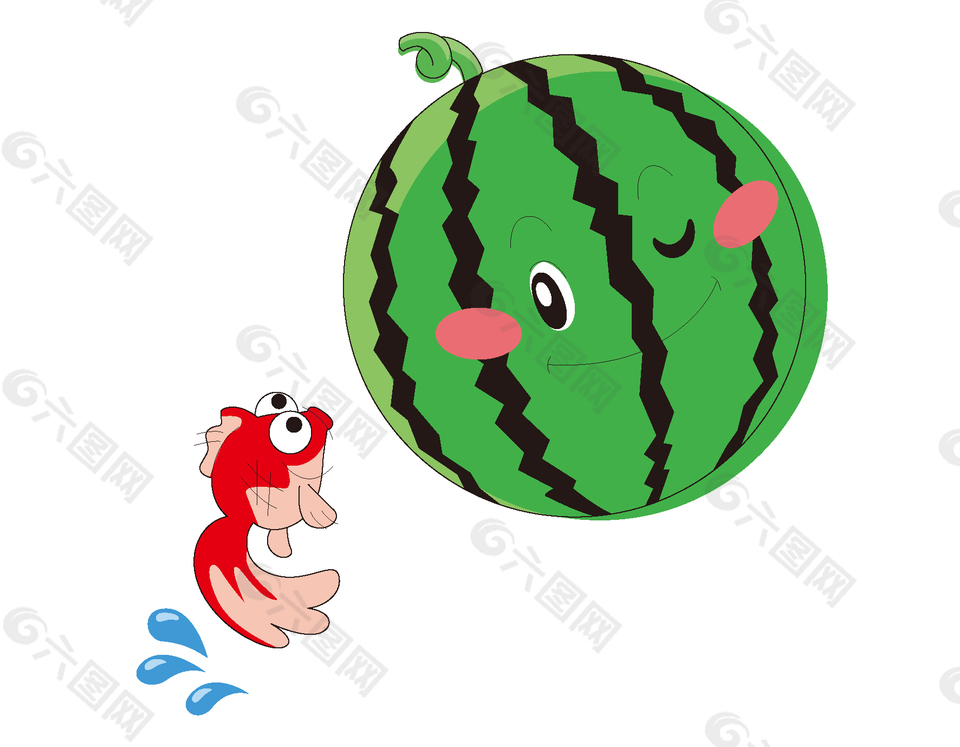 卡通西瓜和金魚矢量元素