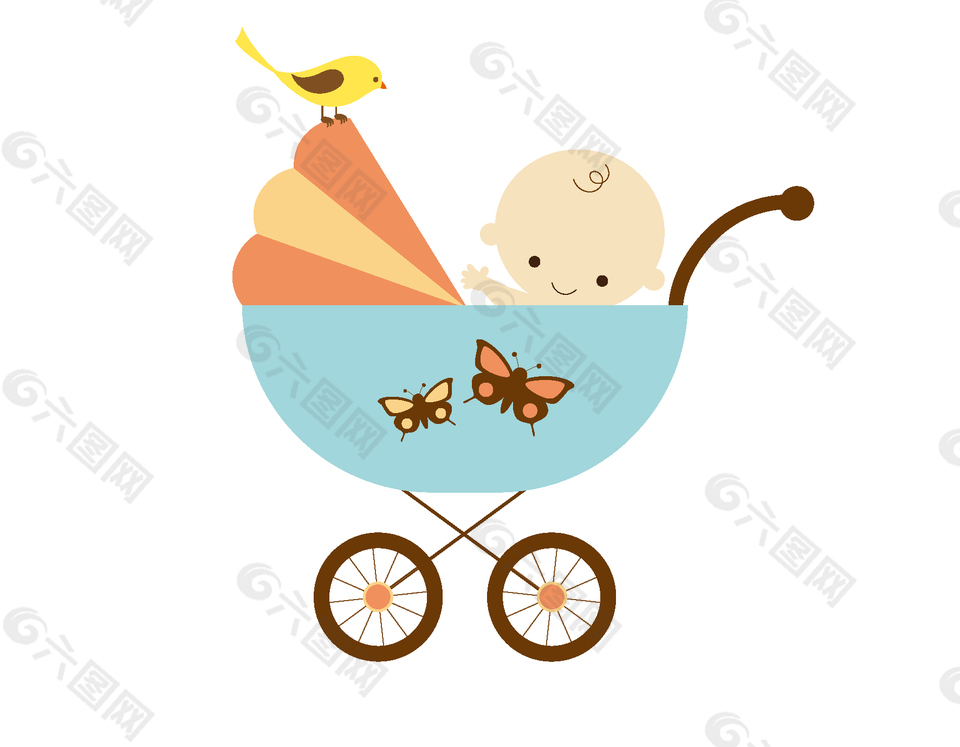 卡通藍色嬰兒車蝴蝶元素