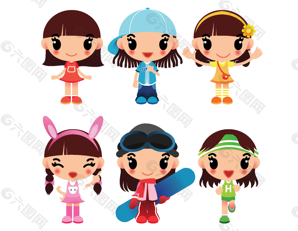 卡通扁平女孩形象矢量元素