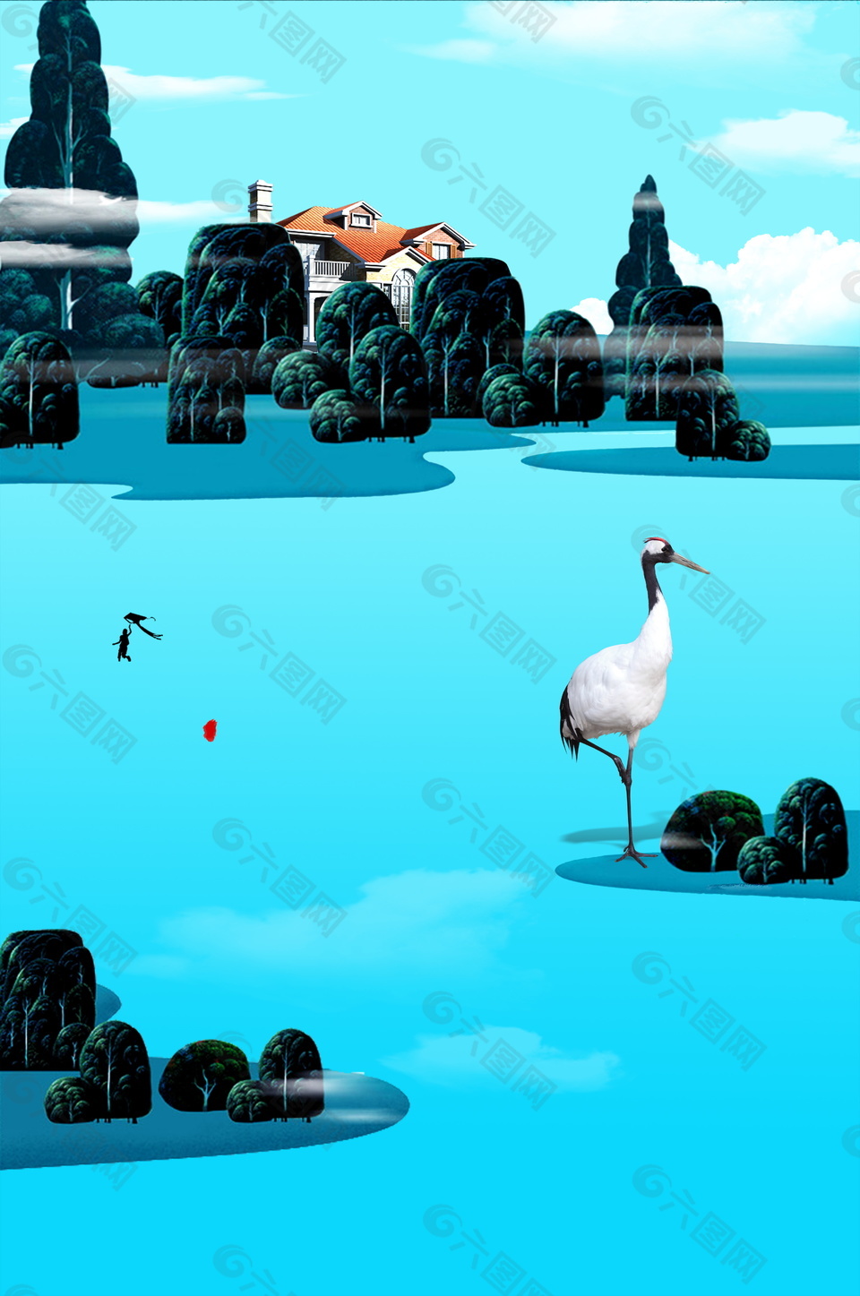 溫馨清新湖泊仙鶴廣告背景
