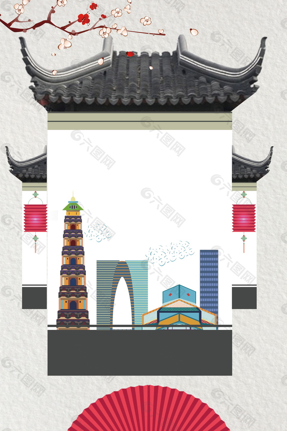 手繪美麗蘇州房屋高塔廣告背景素材