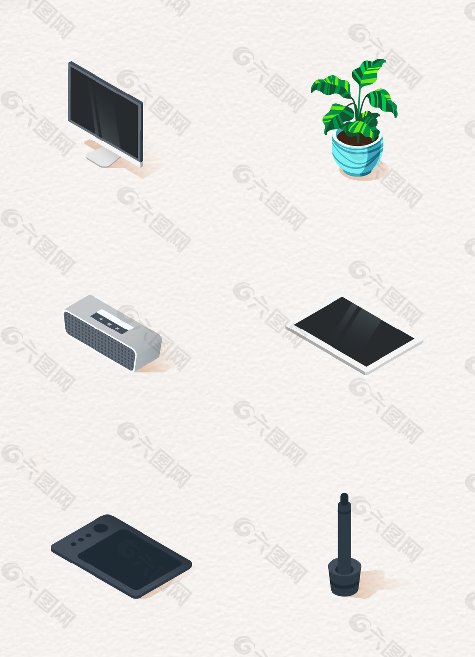 創(chuàng)意立體辦公桌物品矢量素材