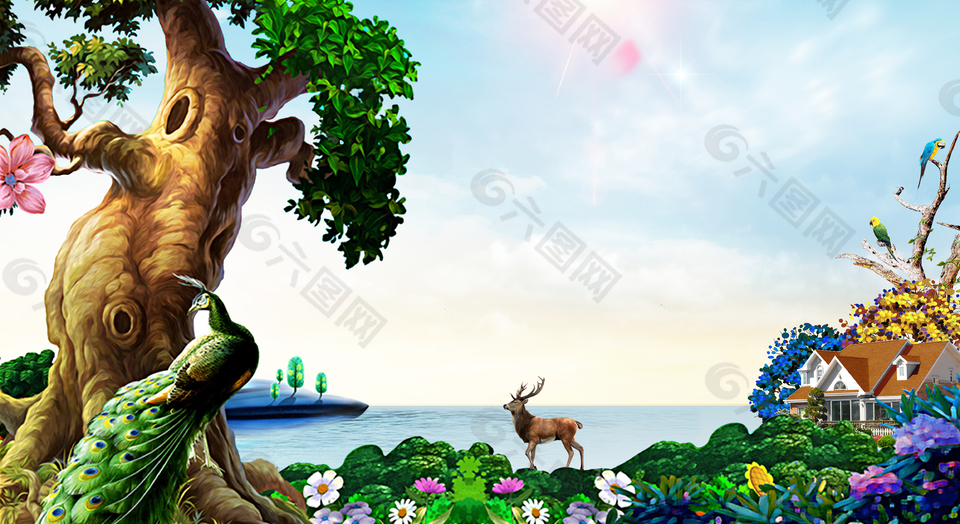 別具一心孔雀樹木房產(chǎn)背景素材