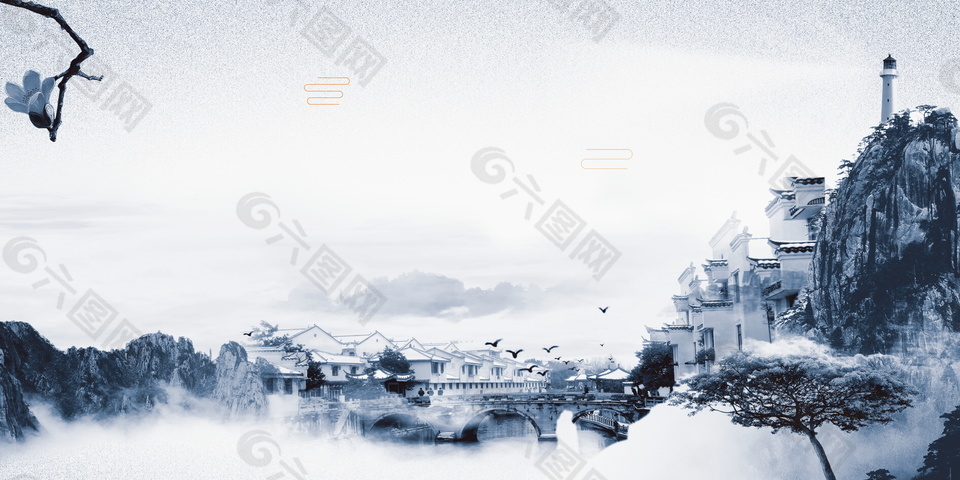 中國風水墨黑白風景房地產(chǎn)背景素材