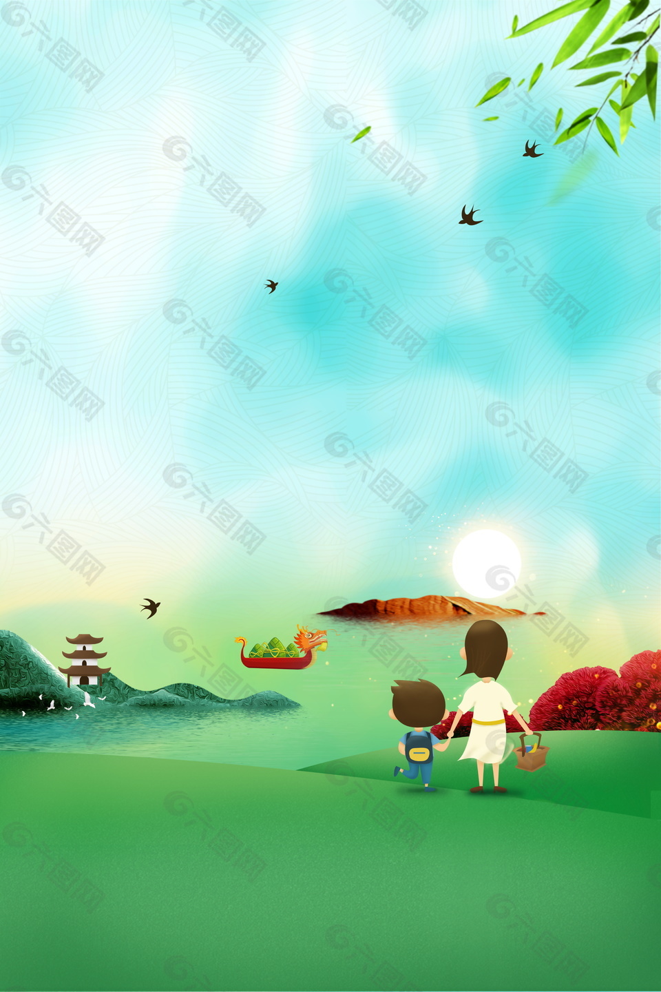 溫馨卡通母子背影端午節(jié)背景素材
