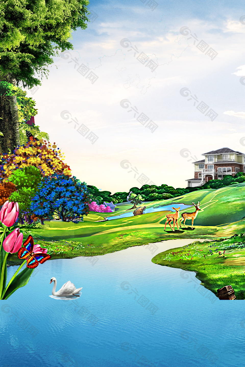 豪華夢幻公園山水房地產(chǎn)廣告背景素材
