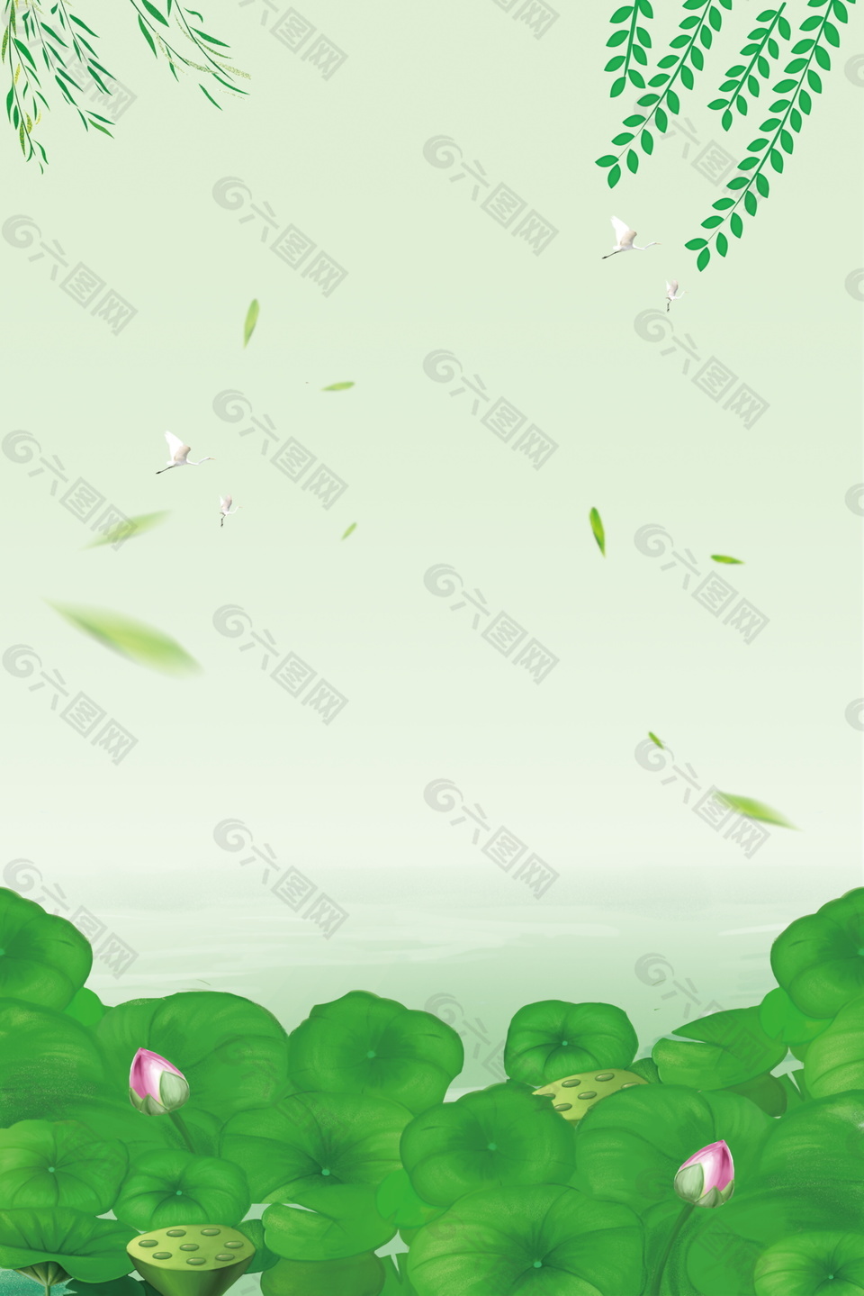 清新夏至荷塘柳条海报背景素材