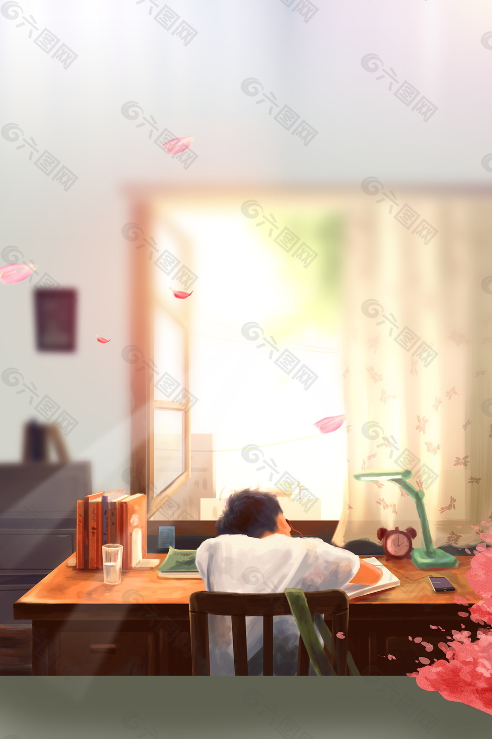 唯美夏至節(jié)氣花瓣陽光照進(jìn)書房背景素材