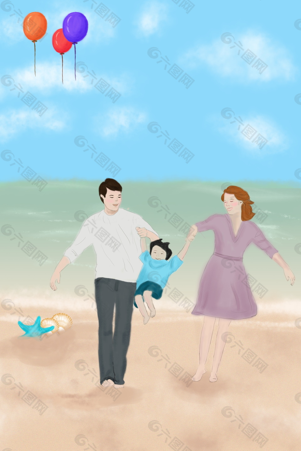 海邊歡快游玩溫馨家庭背景素材