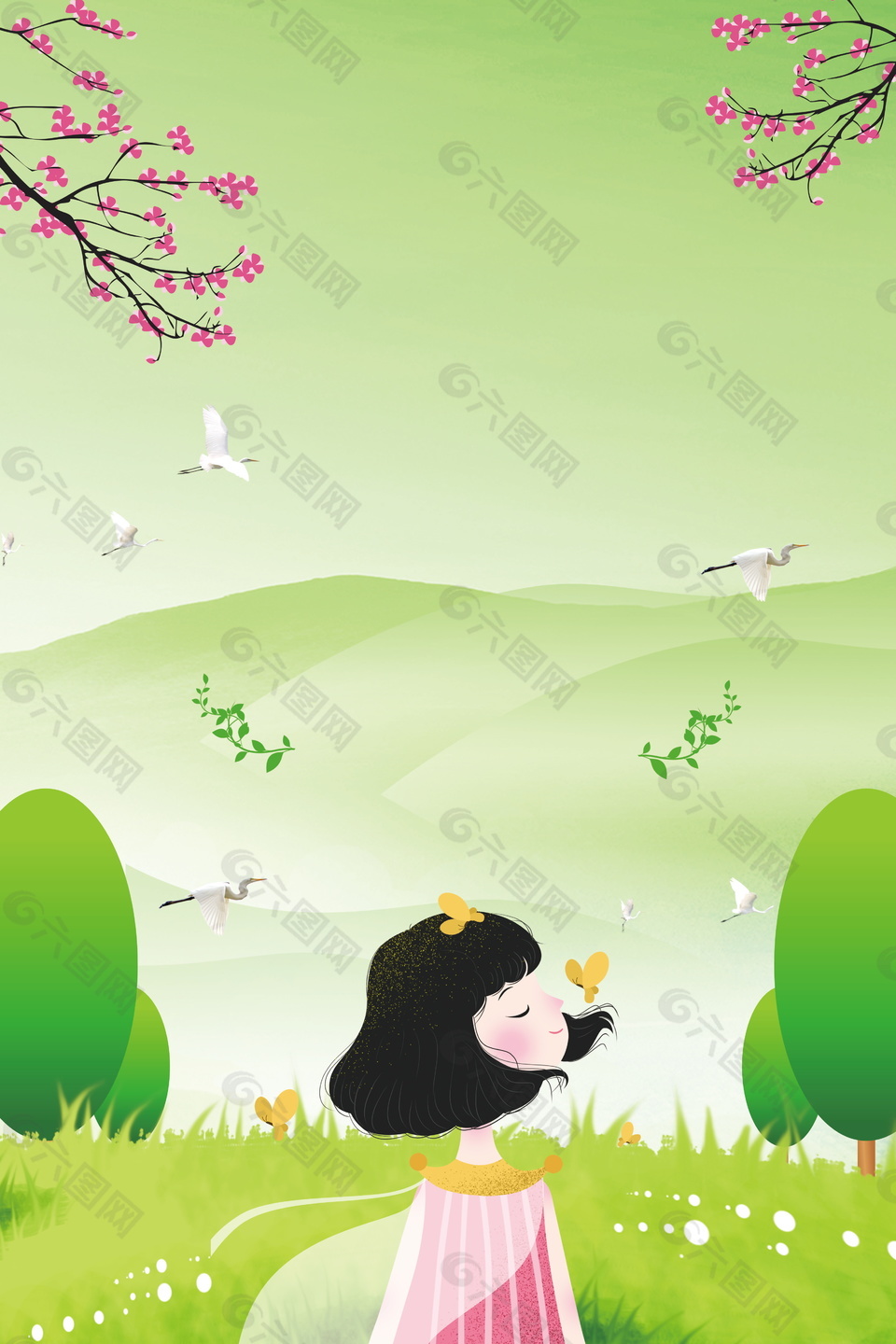 小清新小暑節(jié)氯女孩花枝背景素材