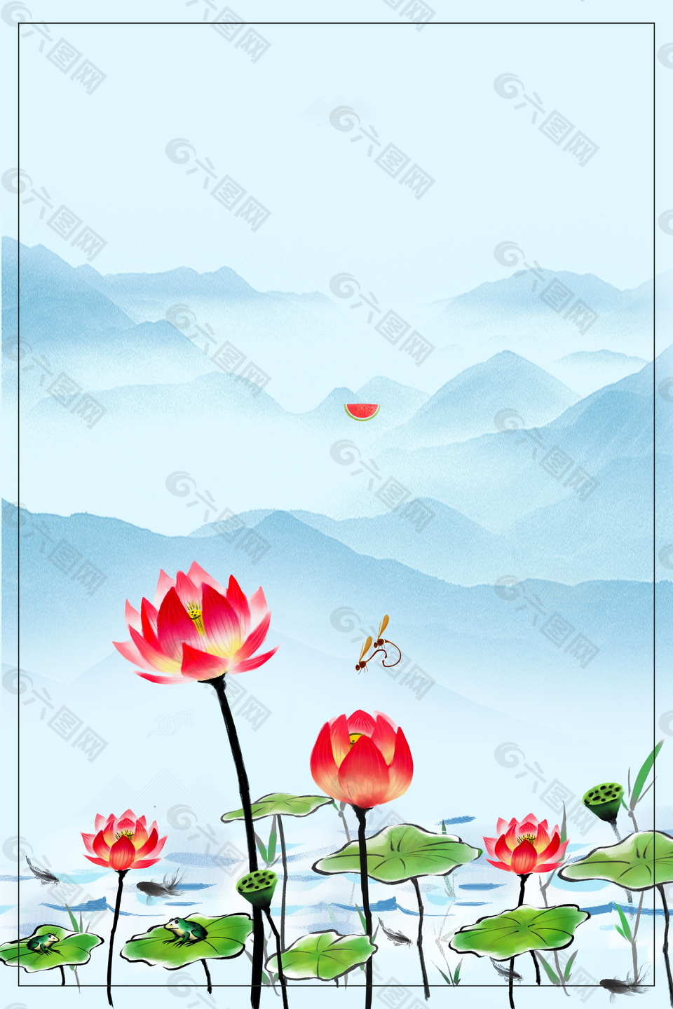 彩繪小暑荷塘遠(yuǎn)山邊框背景模板設(shè)計(jì)