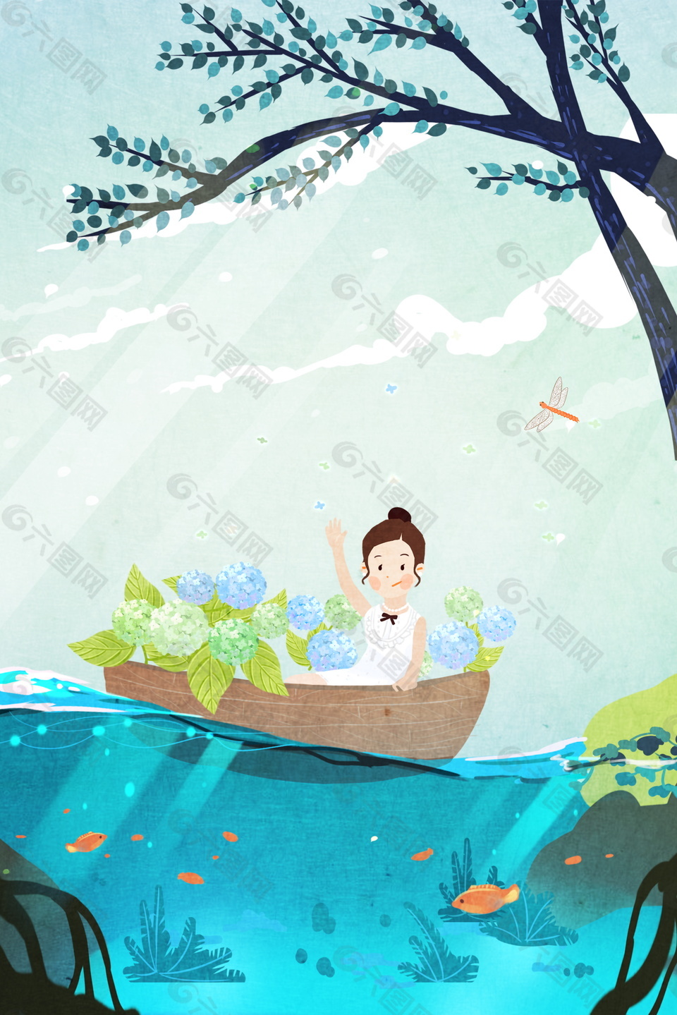 清新船只上招手女孩夏季背景素材