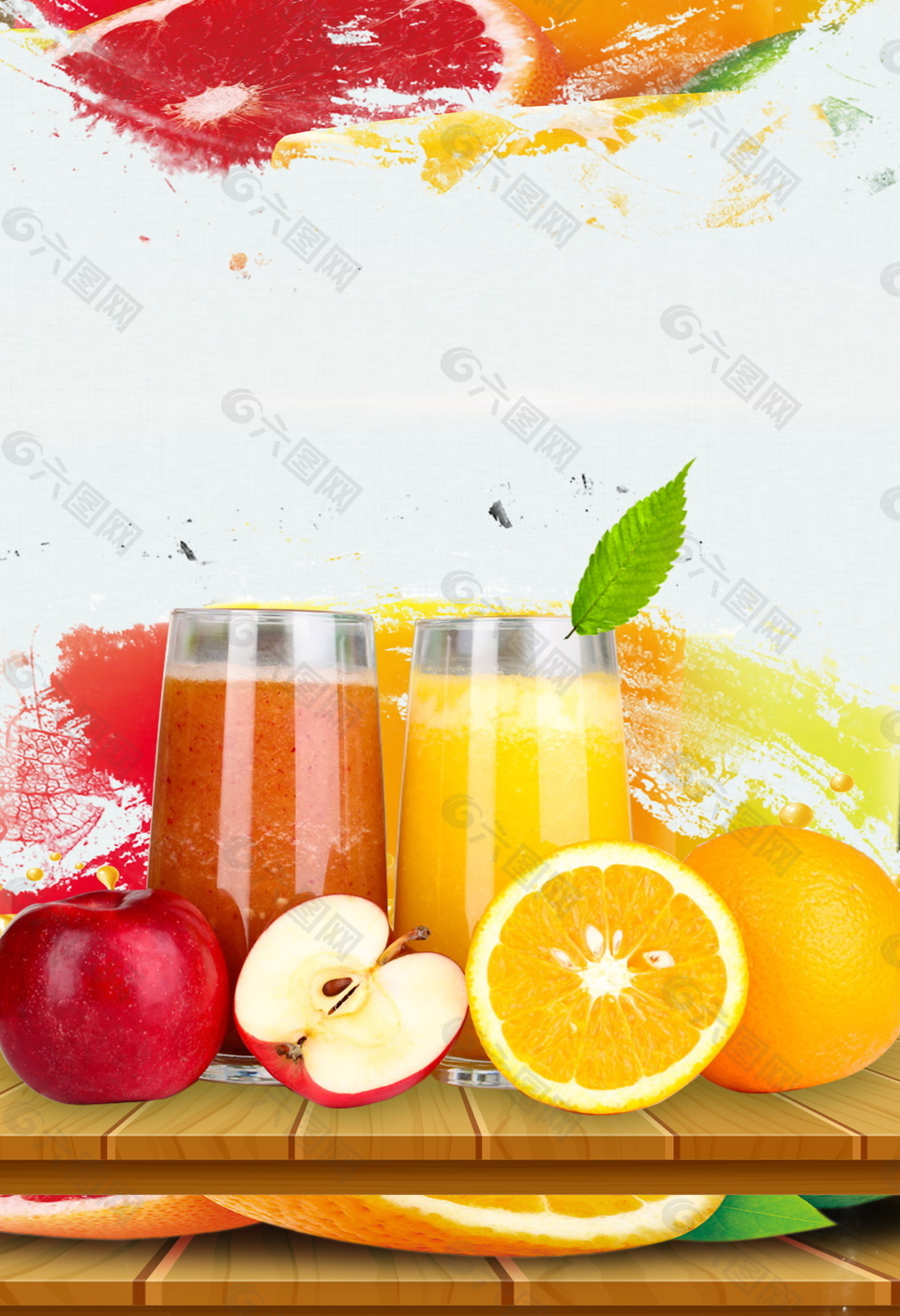 夏季鲜榨苹果橘子果汁混搭背景素材