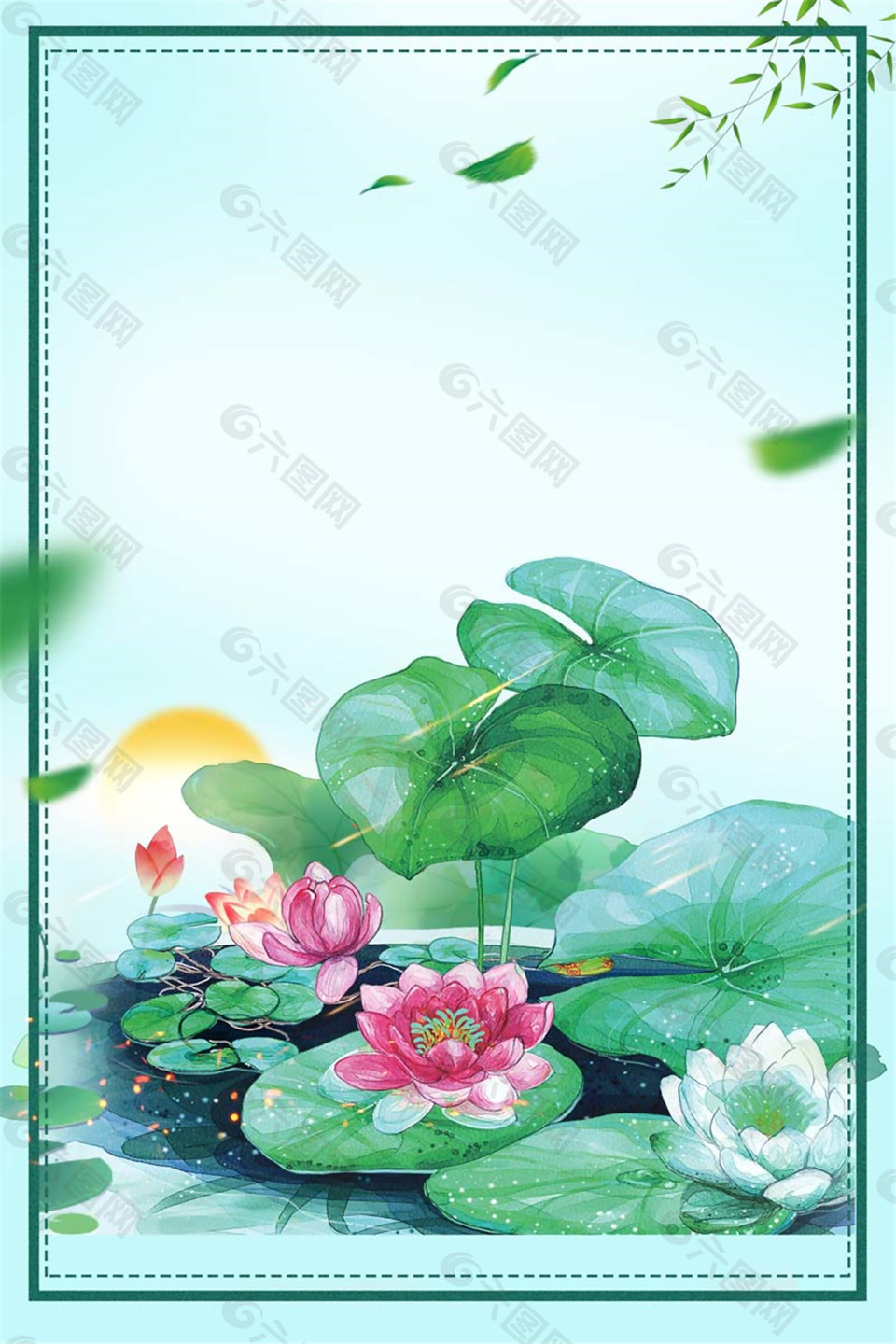 彩繪夏至荷塘邊框海報(bào)背景素材