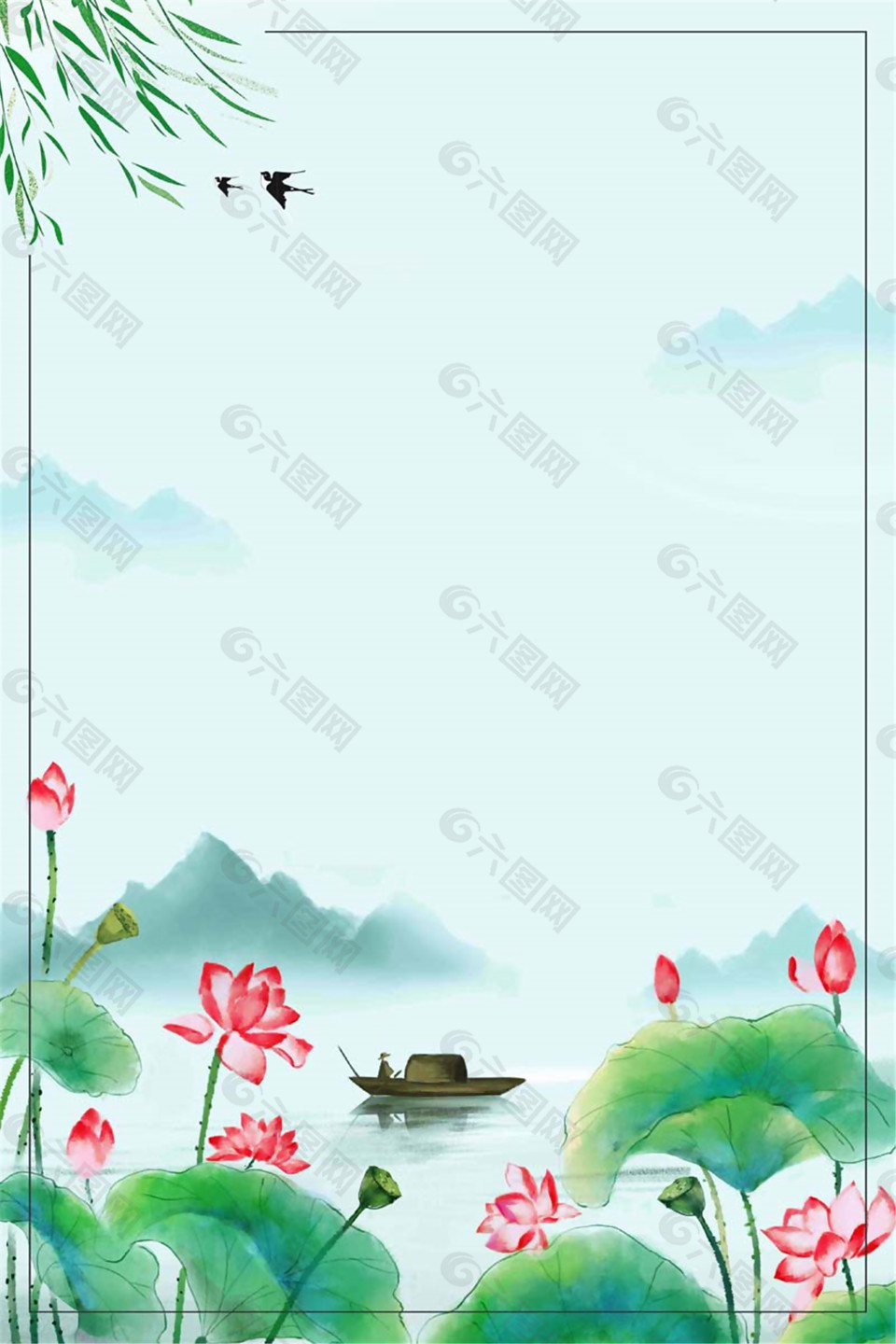 中國風(fēng)夏至荷塘柳葉邊框海報(bào)背景素材