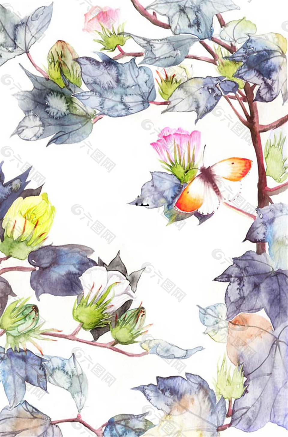 彩绘花枝小鸟蝴蝶夏至海报背景设计