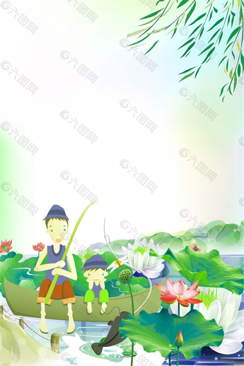 荷塘釣魚(yú)的父子夏至節(jié)氣海報(bào)背景設(shè)計(jì)