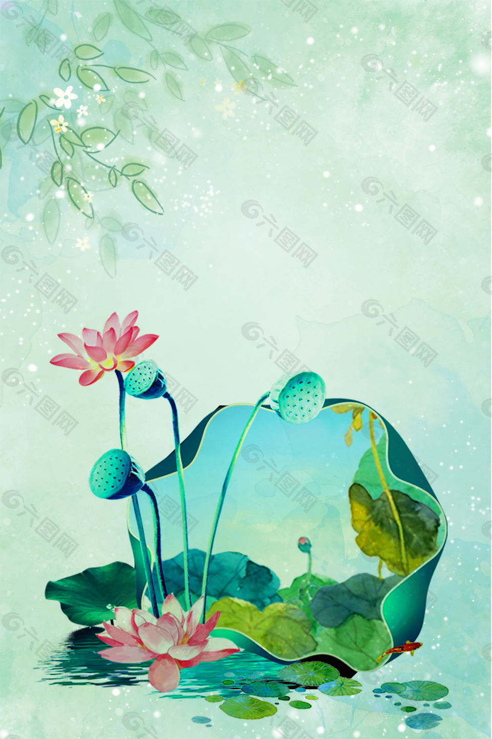 清新荷塘莲中莲夏至背景素材