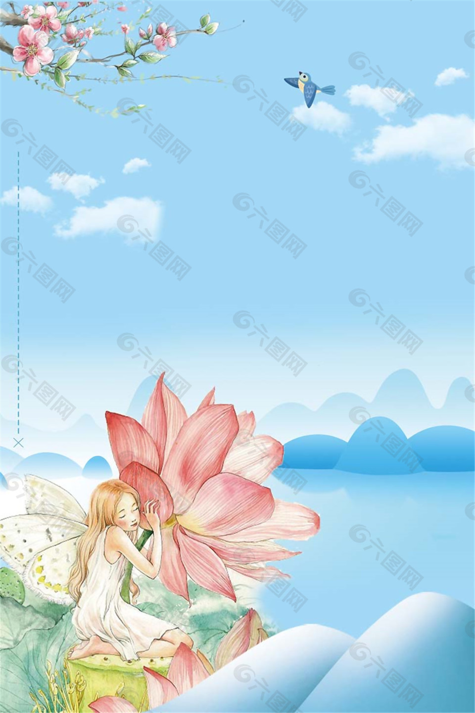 唯美彩绘荷花仙子海报背景