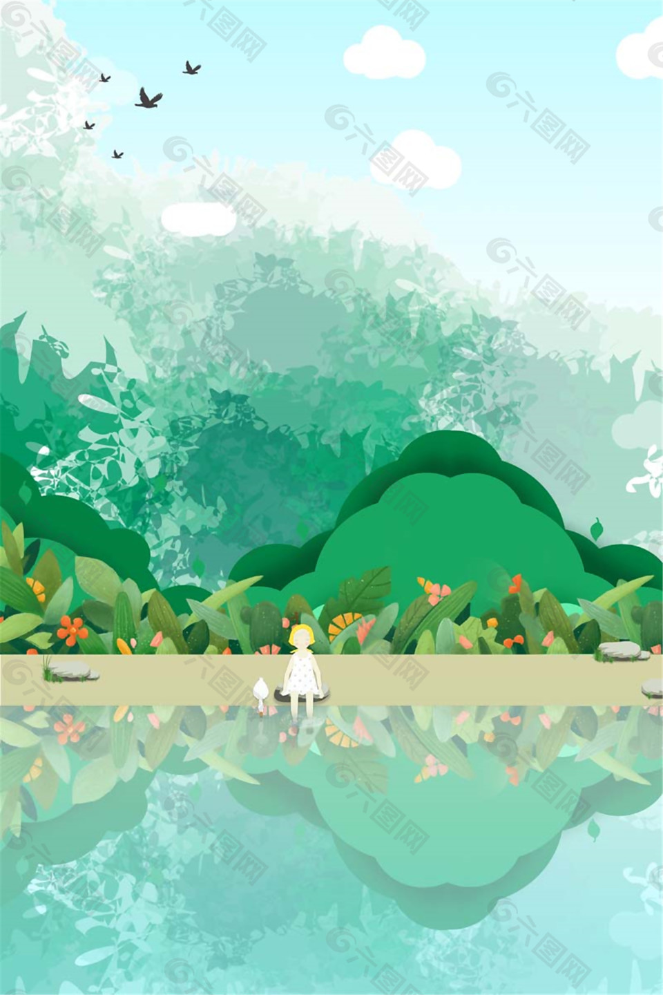 手绘河边小花倒影夏至背景素材