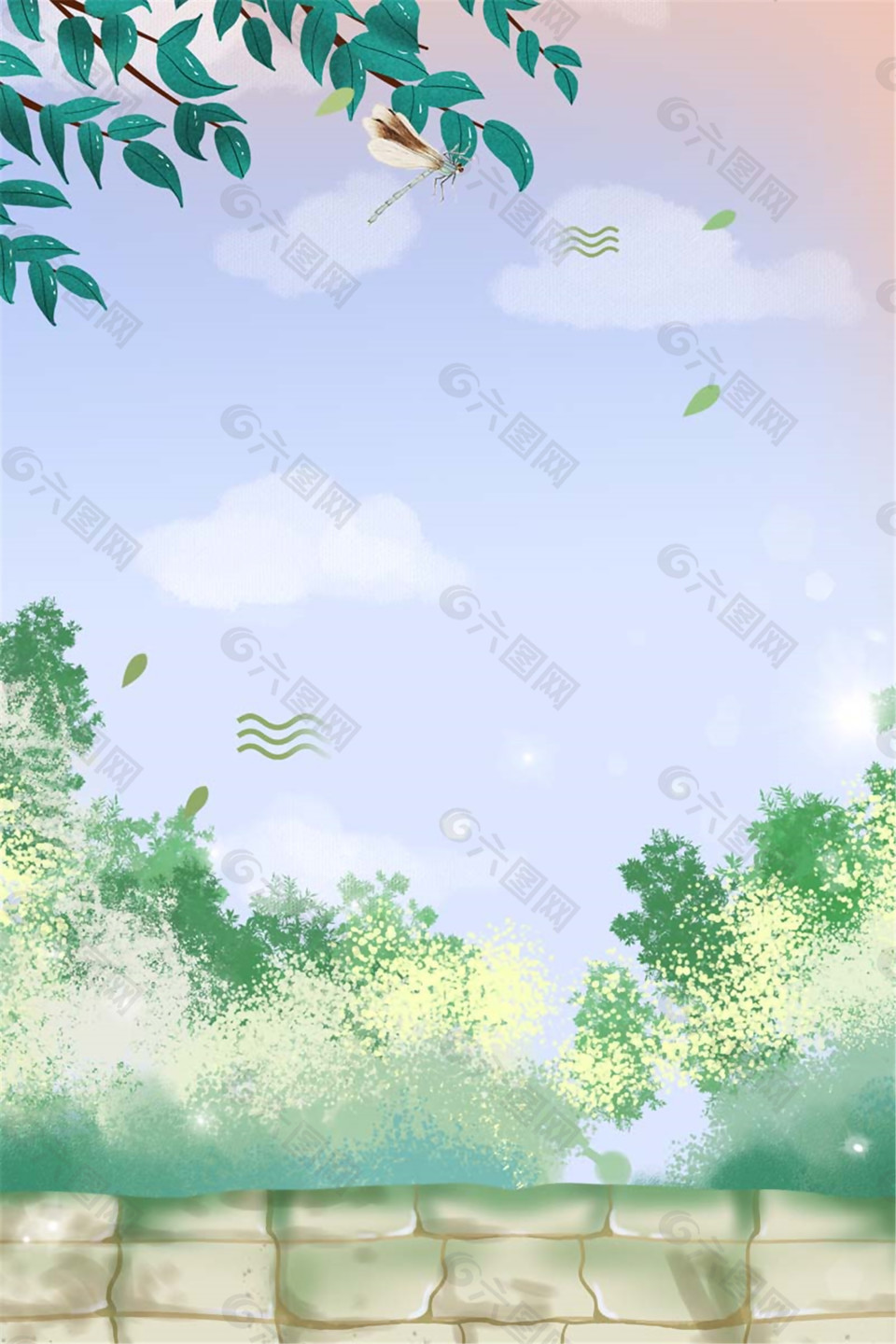 手绘繁花绿叶夏至背景素材